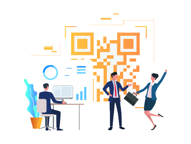 Cheerful business people in office, financial data and qr code